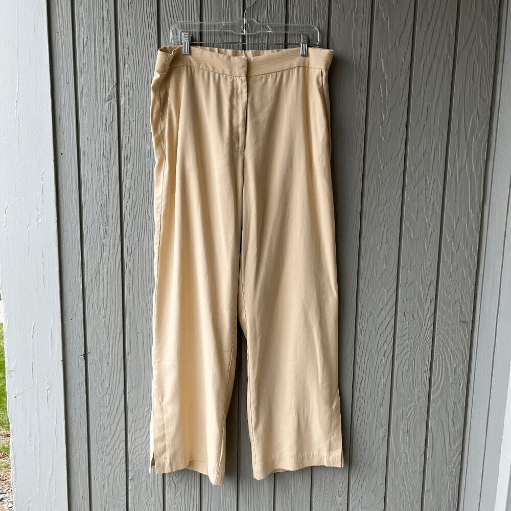 H&M Wide Leg Linen Blend Trousers Beige Size 14 Side Slits Pockets